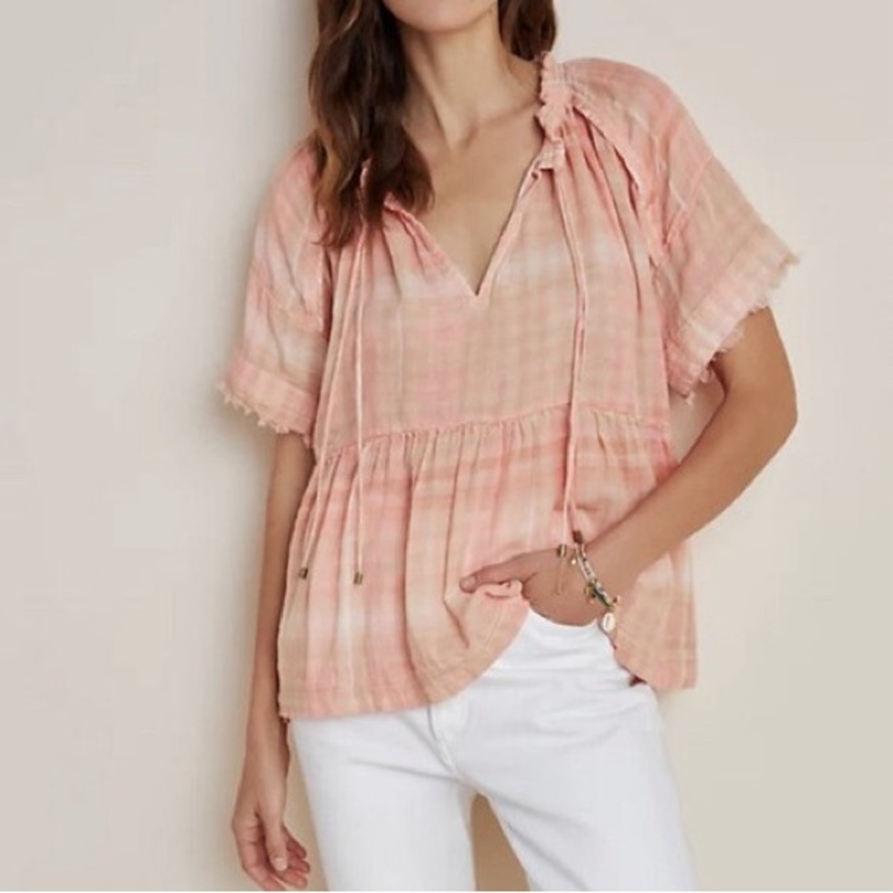 Anthropologie Pilcro Peach Pink Plaid Gauzy Cotton Boho Peasant Top XS Oversized